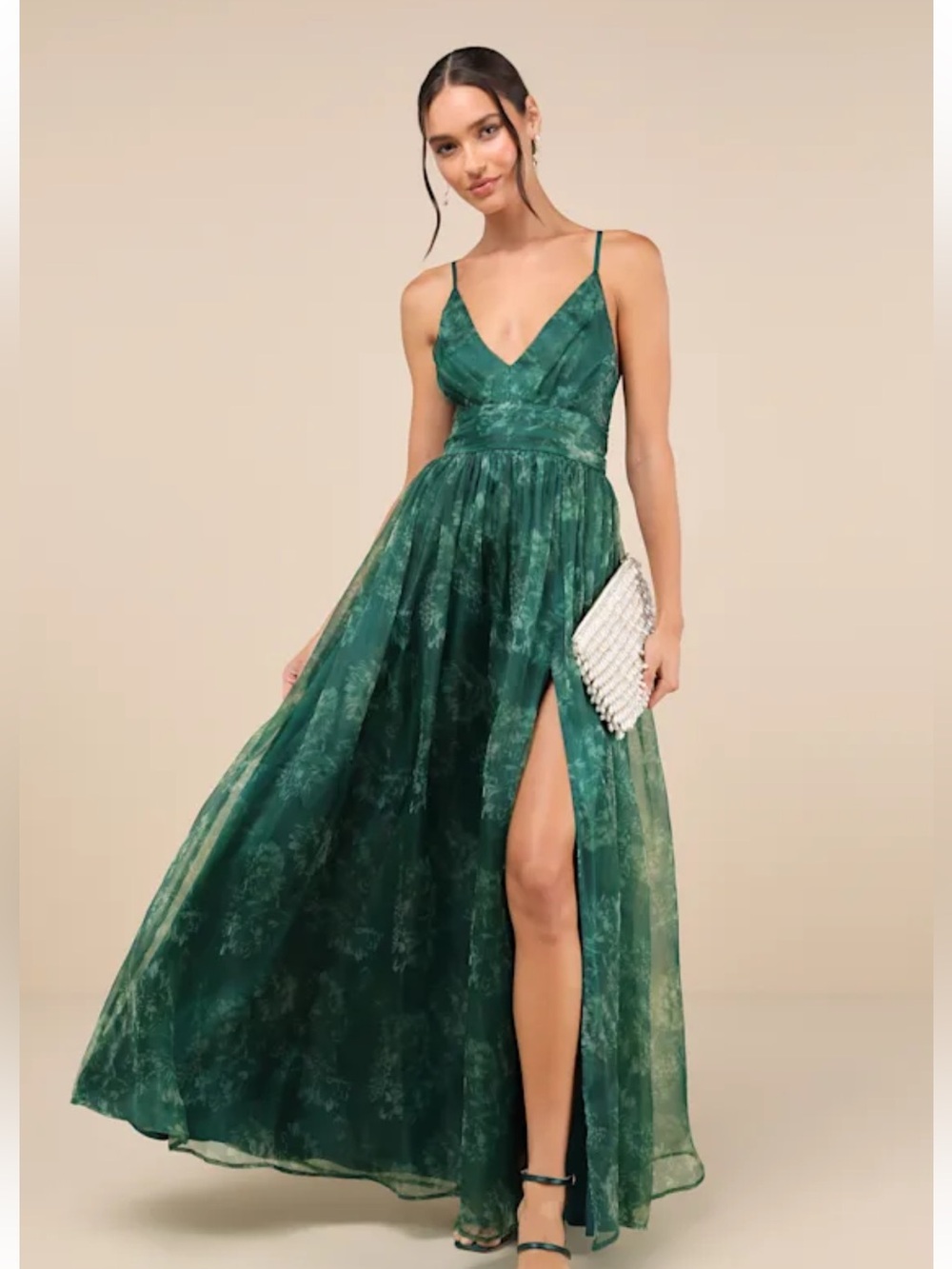 NWT Lulus Romance That Wows Green Floral Print Organza Maxi Dress